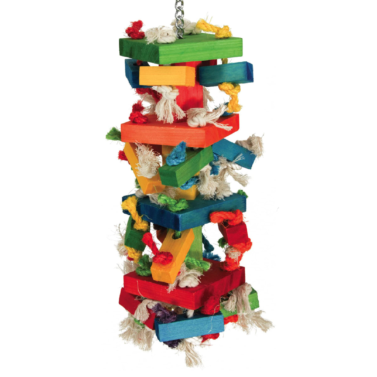 Featherland Paradise Knots N Blocks: juguete colgante para loros grandes que estimula pico
