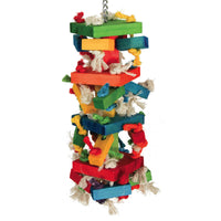 Featherland Paradise Knots N Blocks: juguete colgante para loros grandes que estimula pico