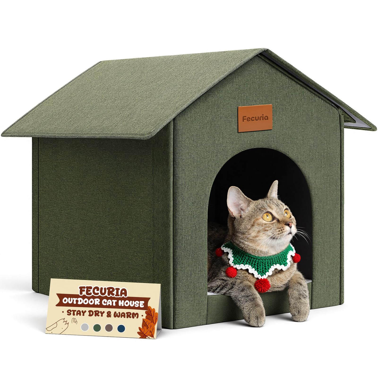 Casa para gatos Fecuria exterior en oliva verde, refugio cálido y resistente.