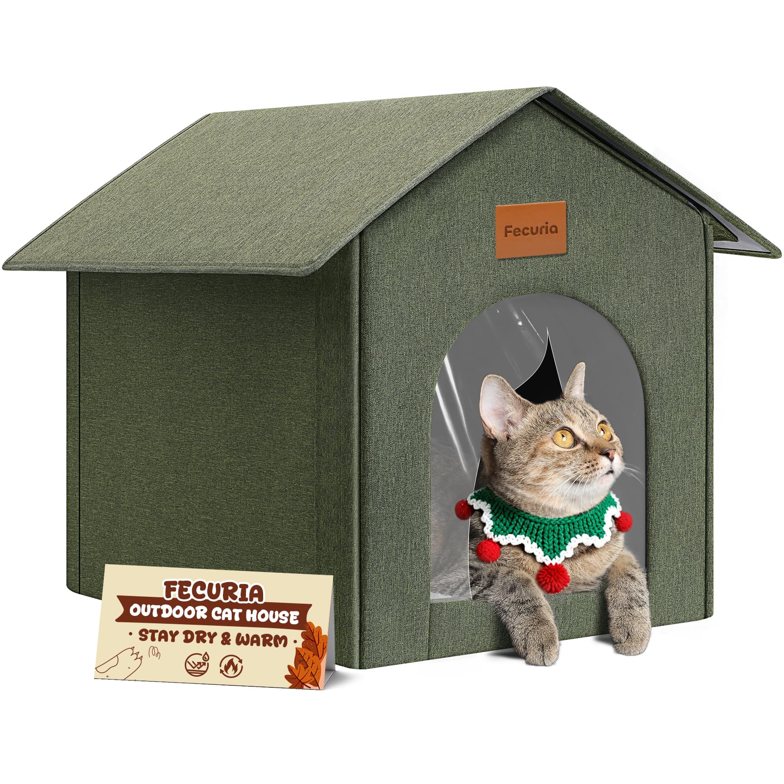 Fecuria: casa para gatos, vista frontal exterior, refugio cómodo para uso al aire libre.