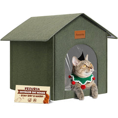 Fecuria: casa para gatos, vista frontal exterior, refugio cómodo para uso al aire libre.