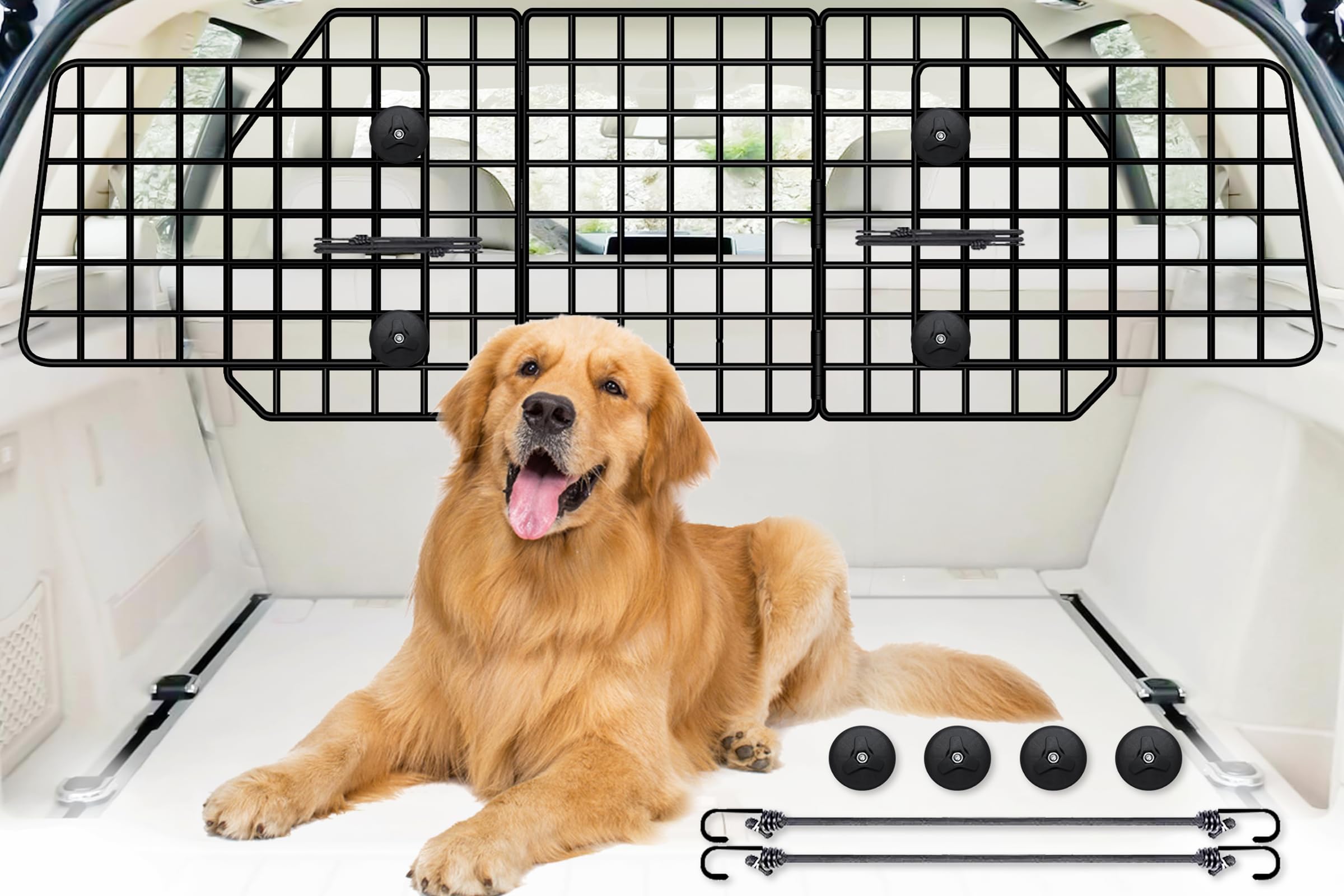 FEED GARDEN dog barrier front view with universal SUV fit keeps pet safely behind the barrier.