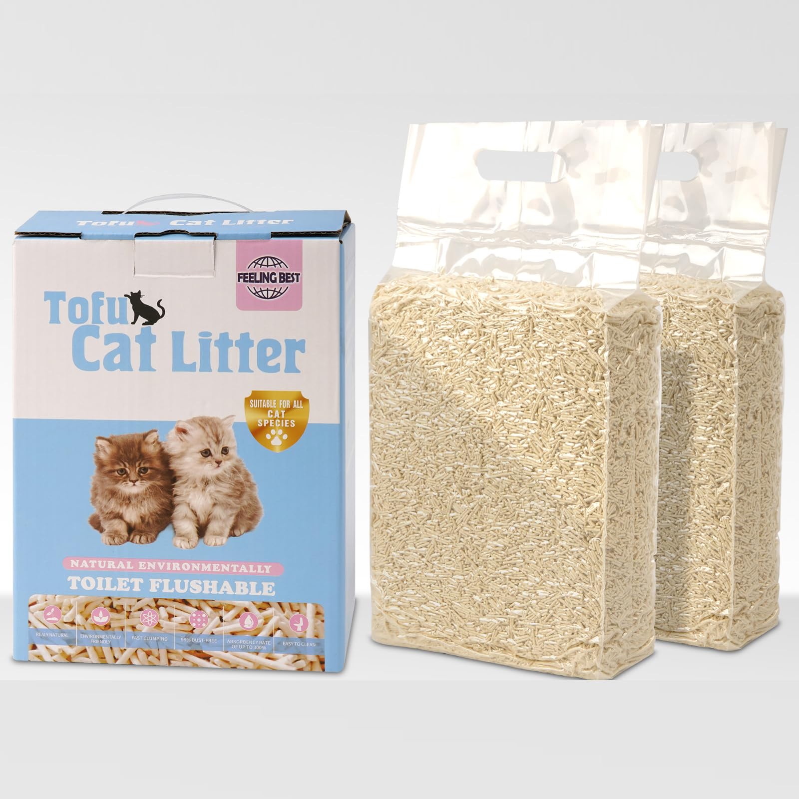 FEELING BEST arena de tofu para gatos con aglutinante eficiente para caja de arena limpia.