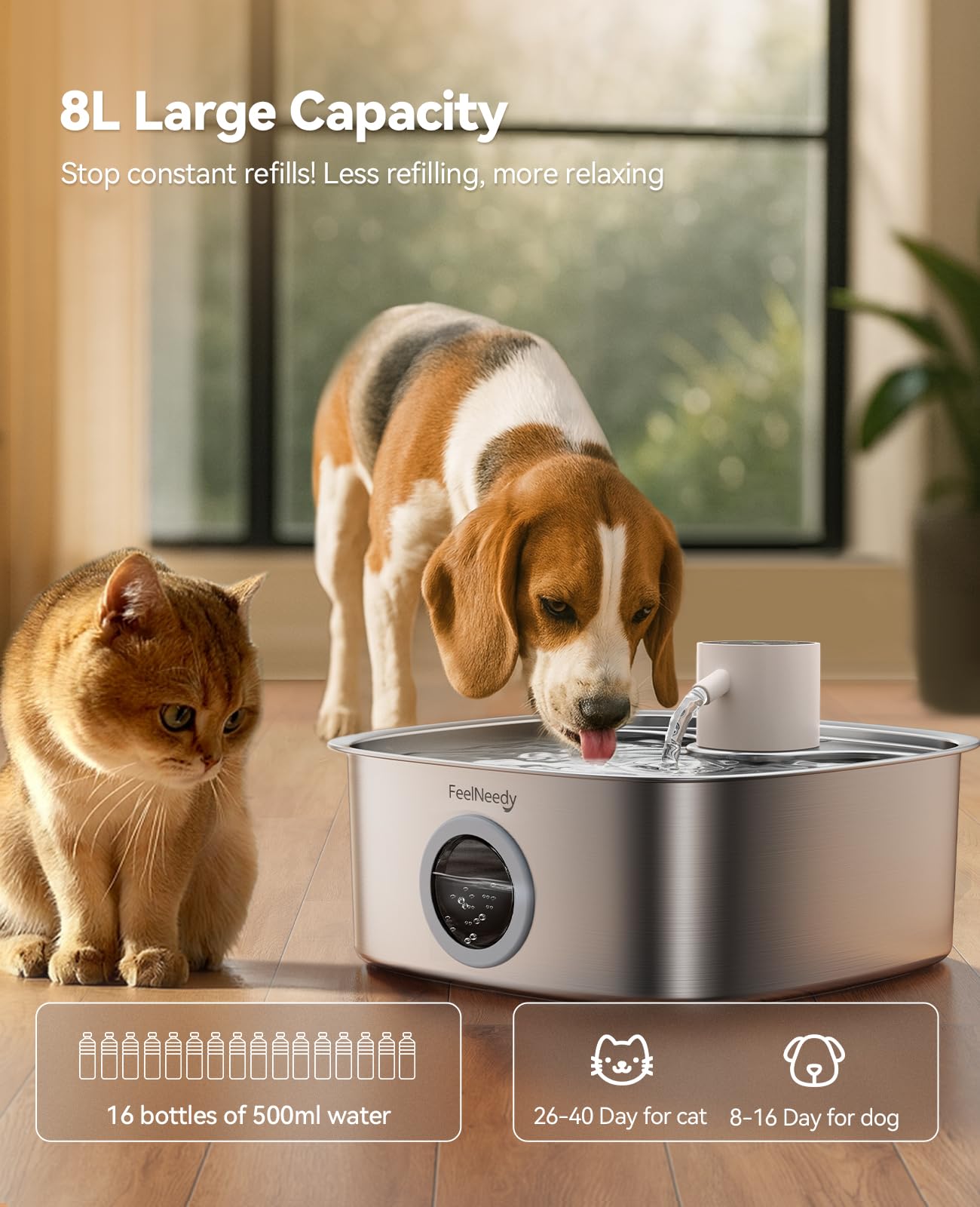 Capacidad 8L para cubrir consumo de varias mascotas.