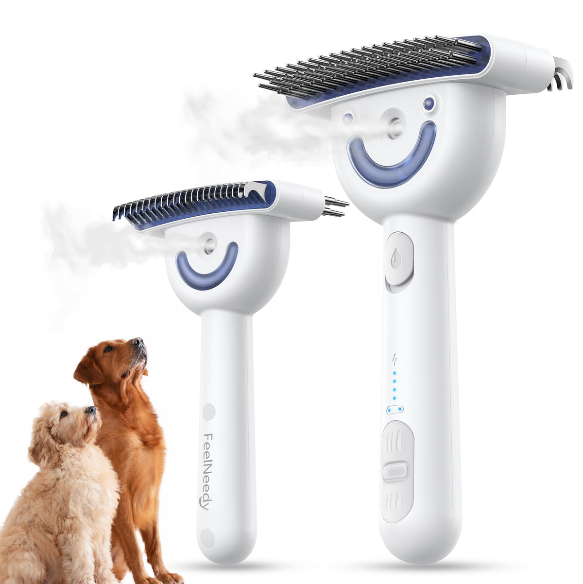 FEELNEEDY cepillo para perros con vapor, vista frontal, desenredado rápido sin tirones.