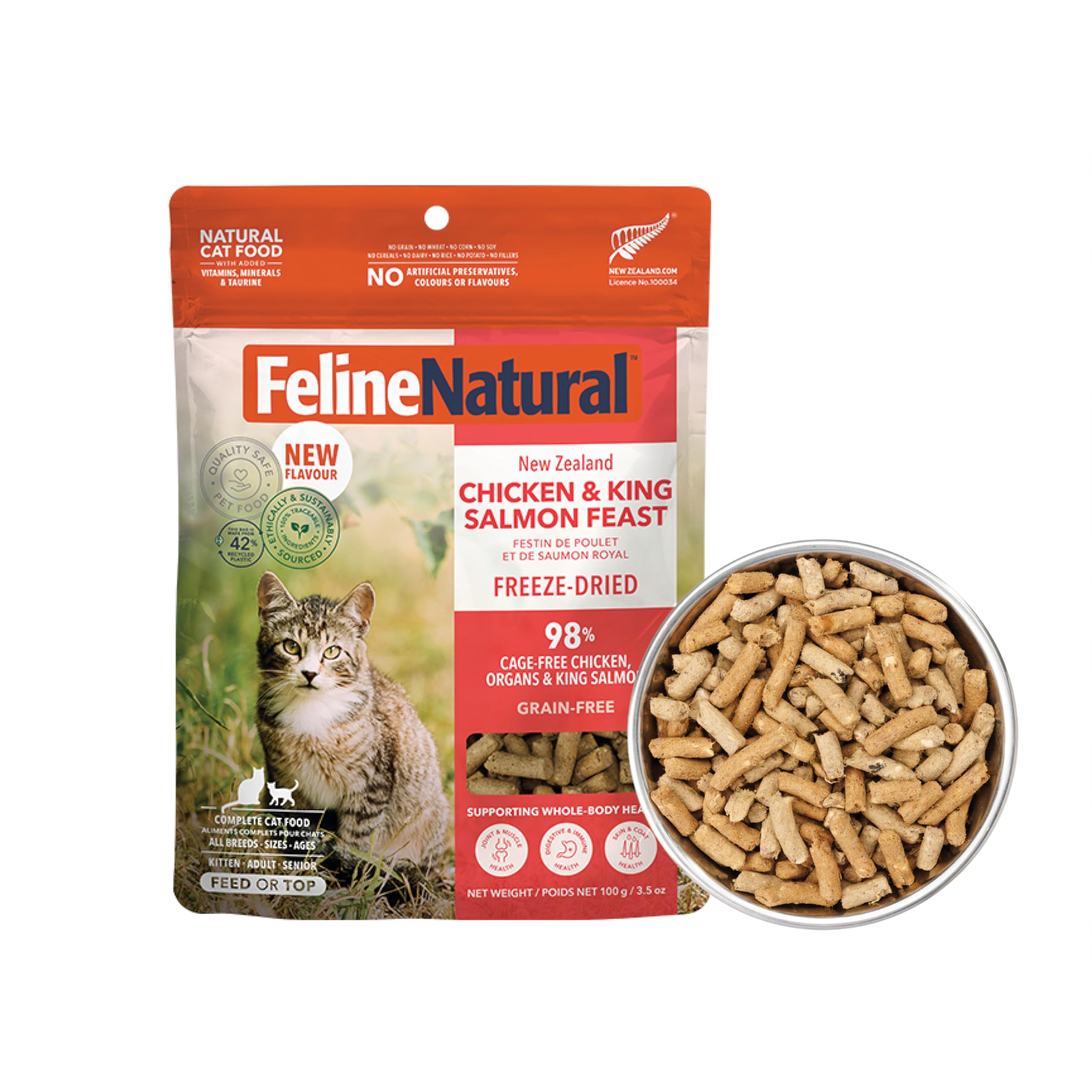 Feline Natural alimento deshidratado para gatos con pollo y salmón, alta proteína.