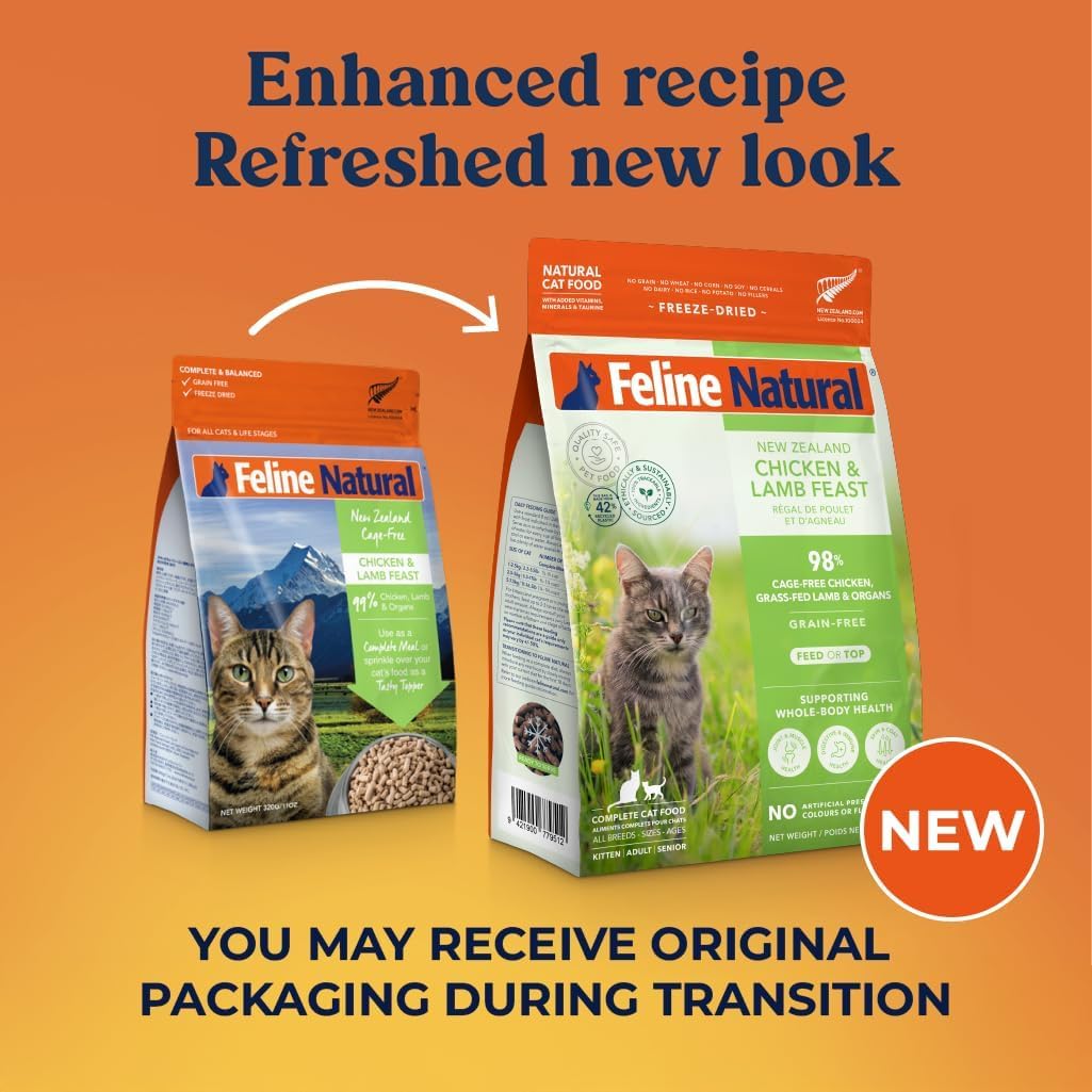 Feline Natural alimento seco alto proteína con cordero, ideal para gatos activos.