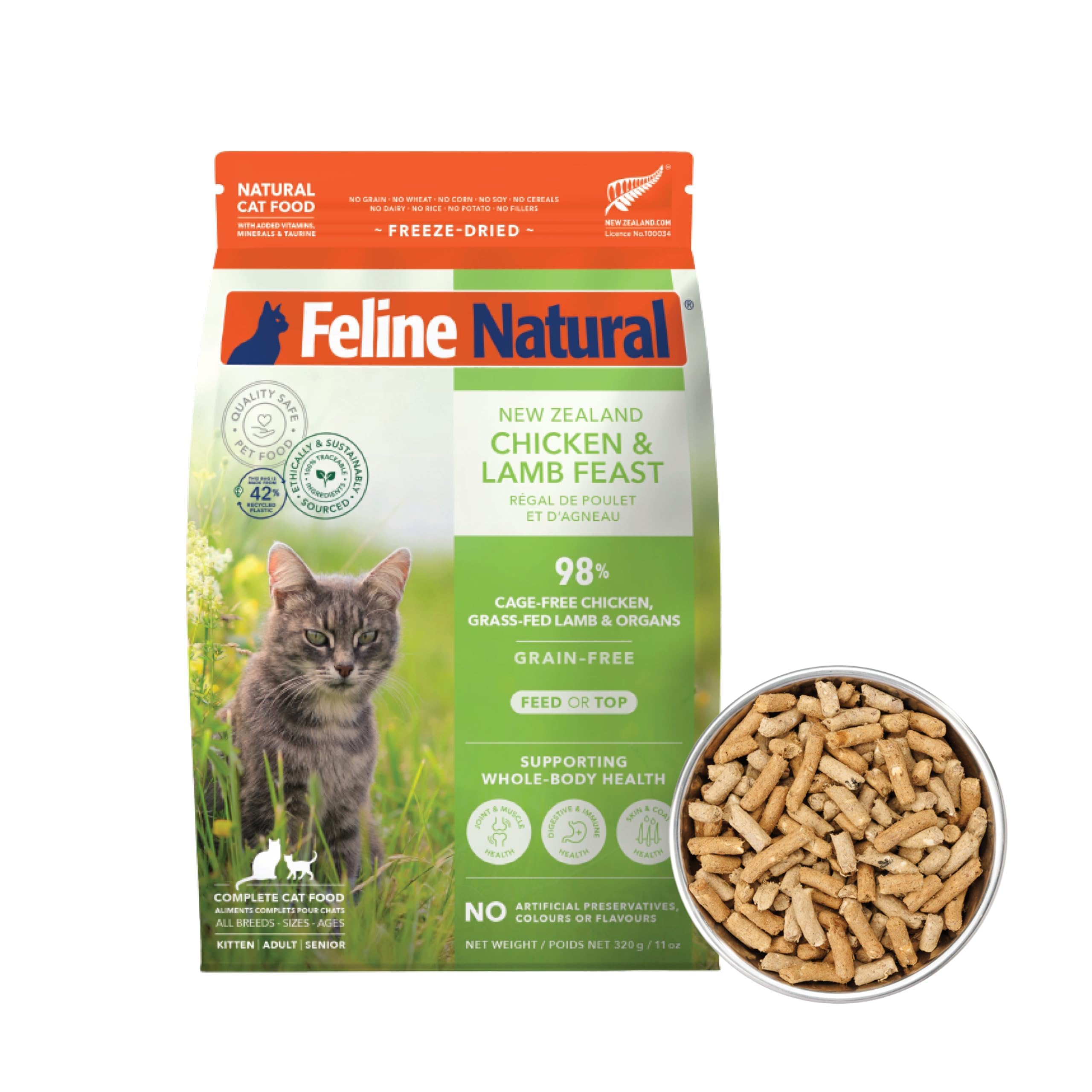 Feline Natural alimento seco alto proteína con pollo, ideal para energía diaria de gatos.