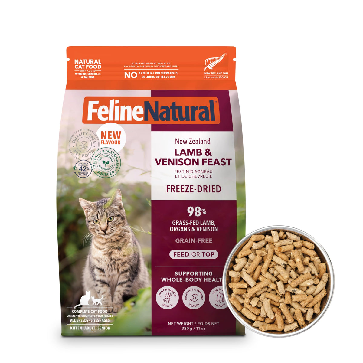 Feline Natural deshidratado por congelación con cordero y ciervo, proteína alta.