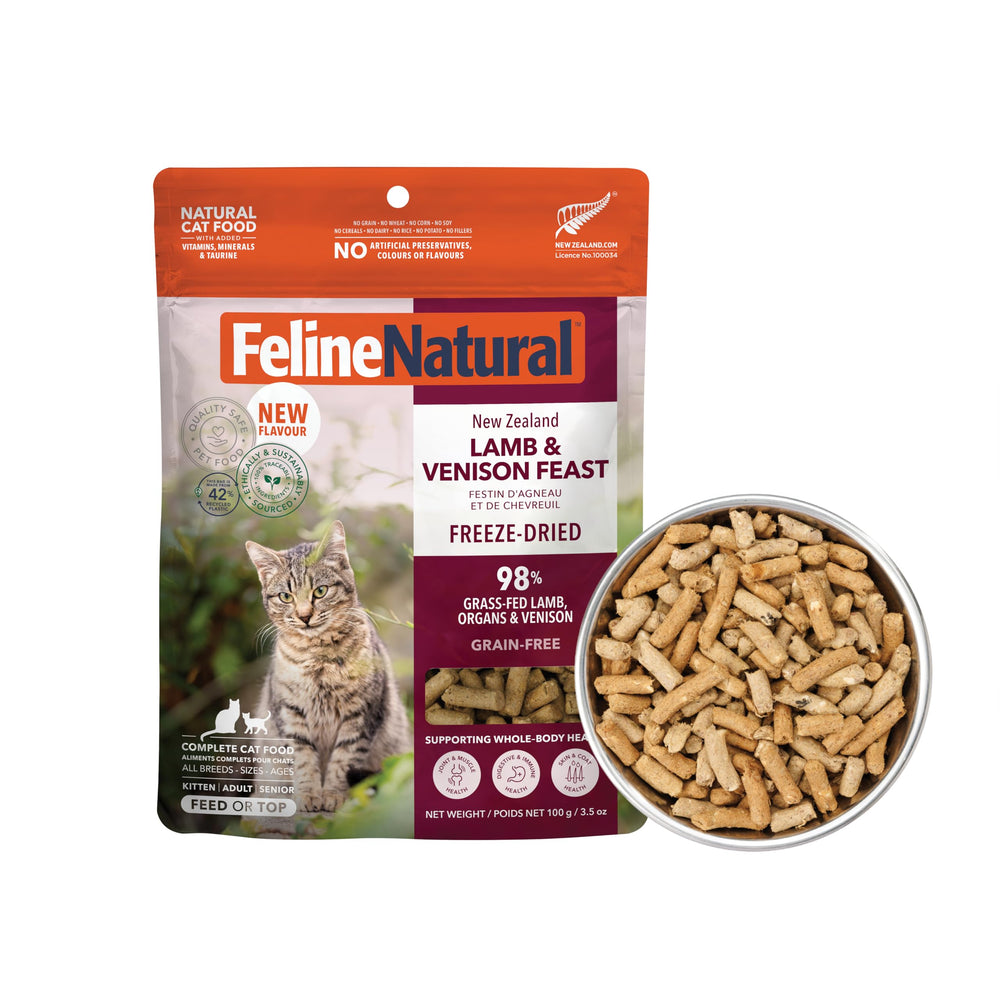 Feline Natural deshidratado sin granos para gatos, listo para servir.