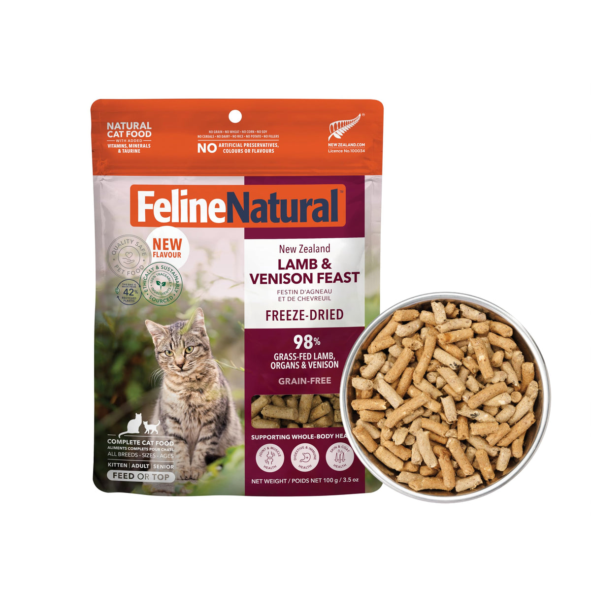 Feline Natural deshidratado sin granos para gatos, listo para servir.