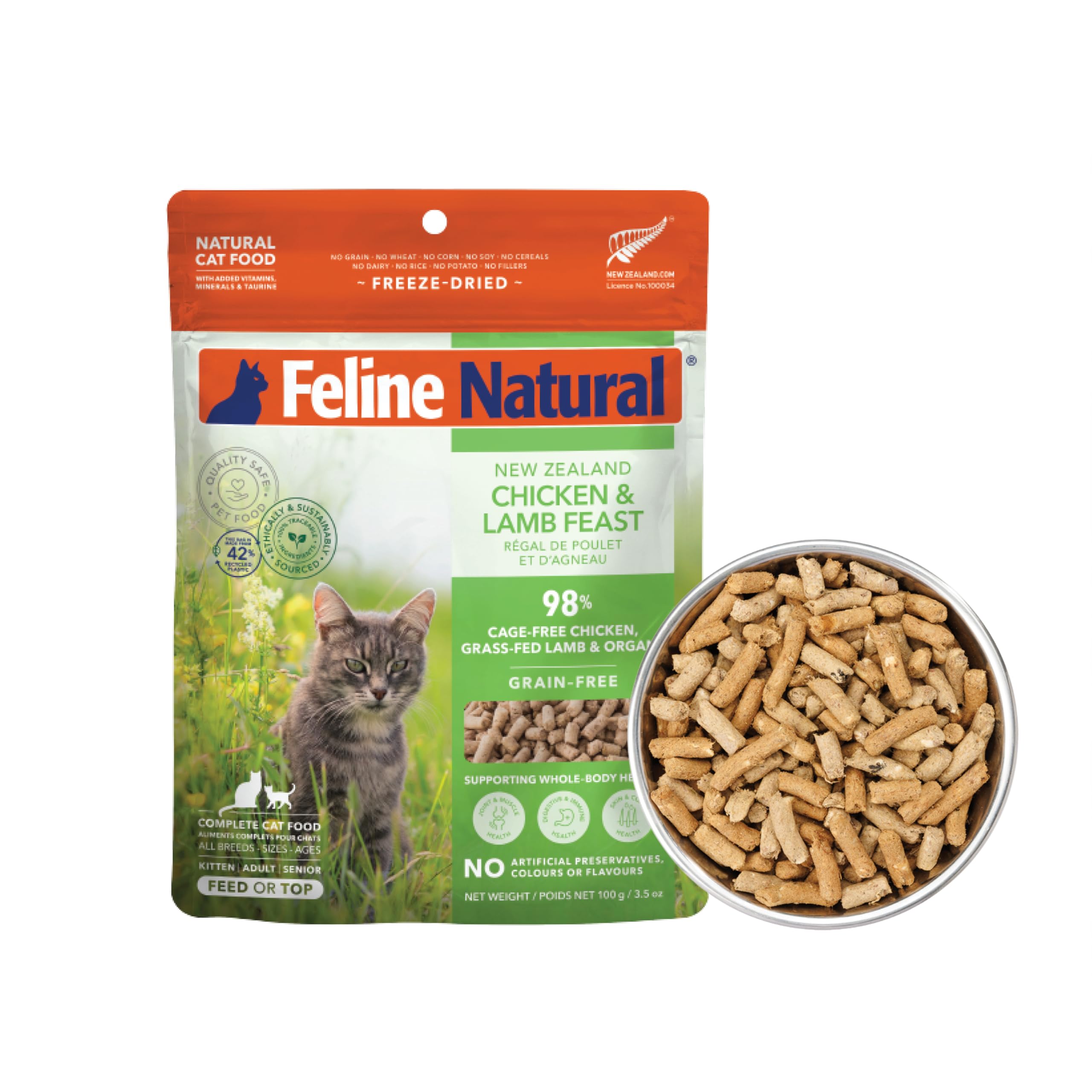 Feline Natural empaque de 3-5oz con alta proteína, lista para alimentar a tu gato