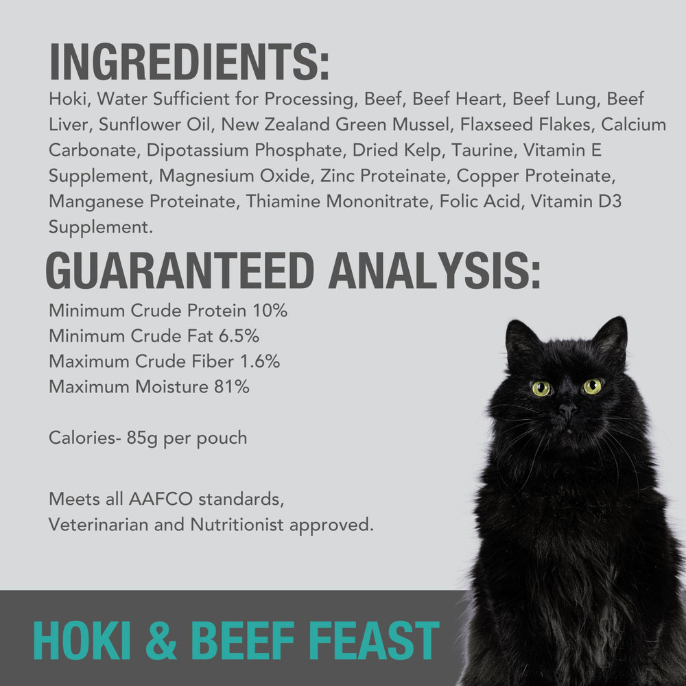 Feline Natural Hoki-Beef Feast: paquete de 12 bolsas, conveniencia para alimentación diaria.