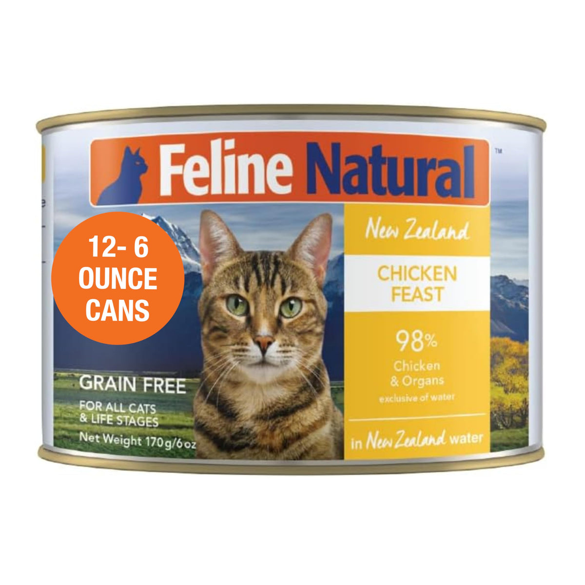 Lata de pollo húmeda de Feline Natural, lista para alimentar al gato.