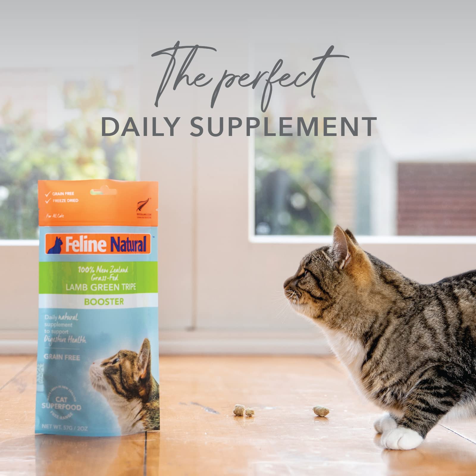 Complemento para piel y pelaje de gatos con tripa verde liofilizada.