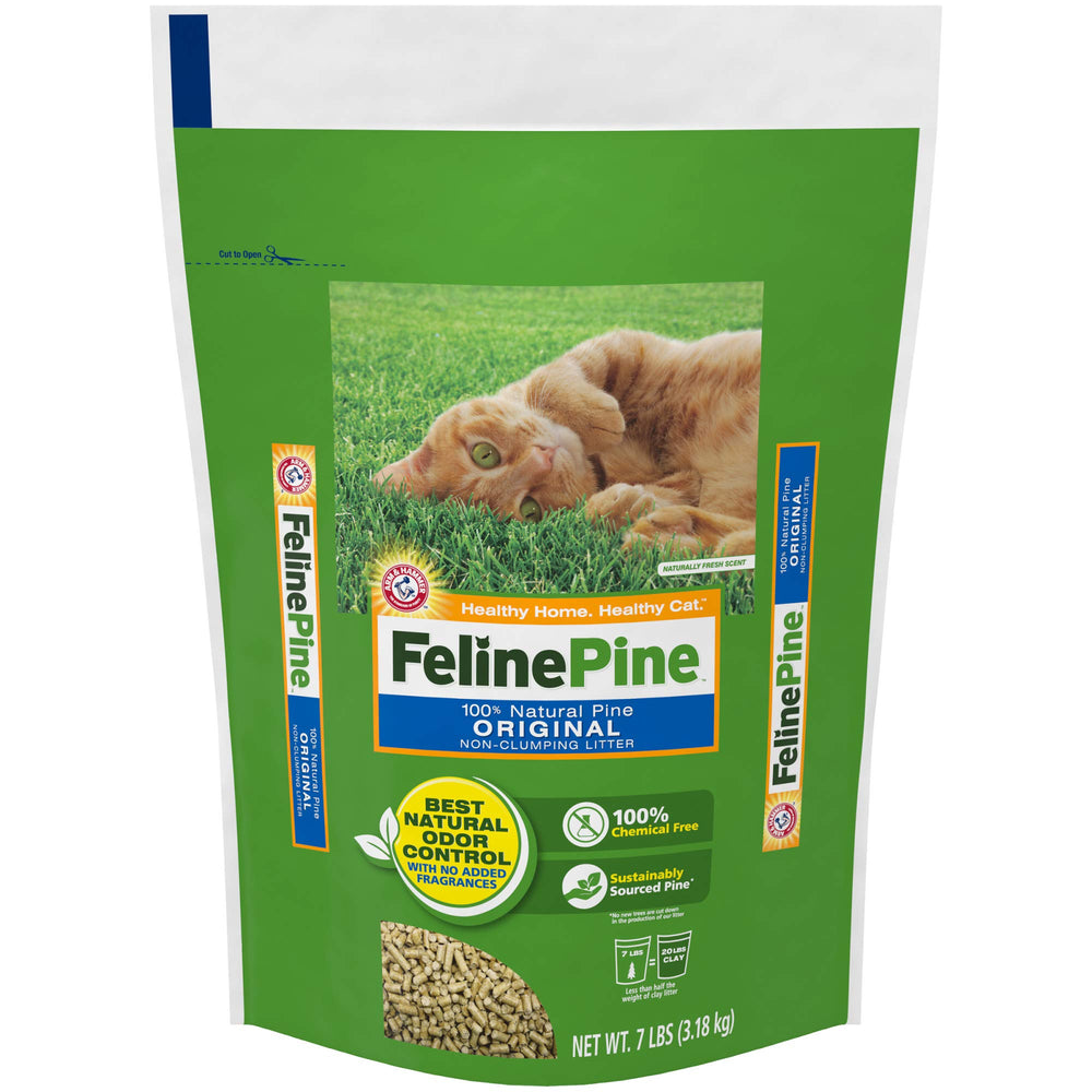 Feline Pine Arena Original 7lb, empaque visible para almacenamiento y uso cómodo.
