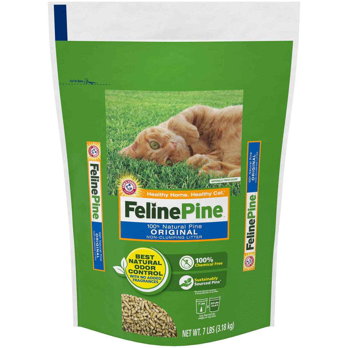 Feline Pine Arena Original 7lb, empaque visible para almacenamiento y uso cómodo.