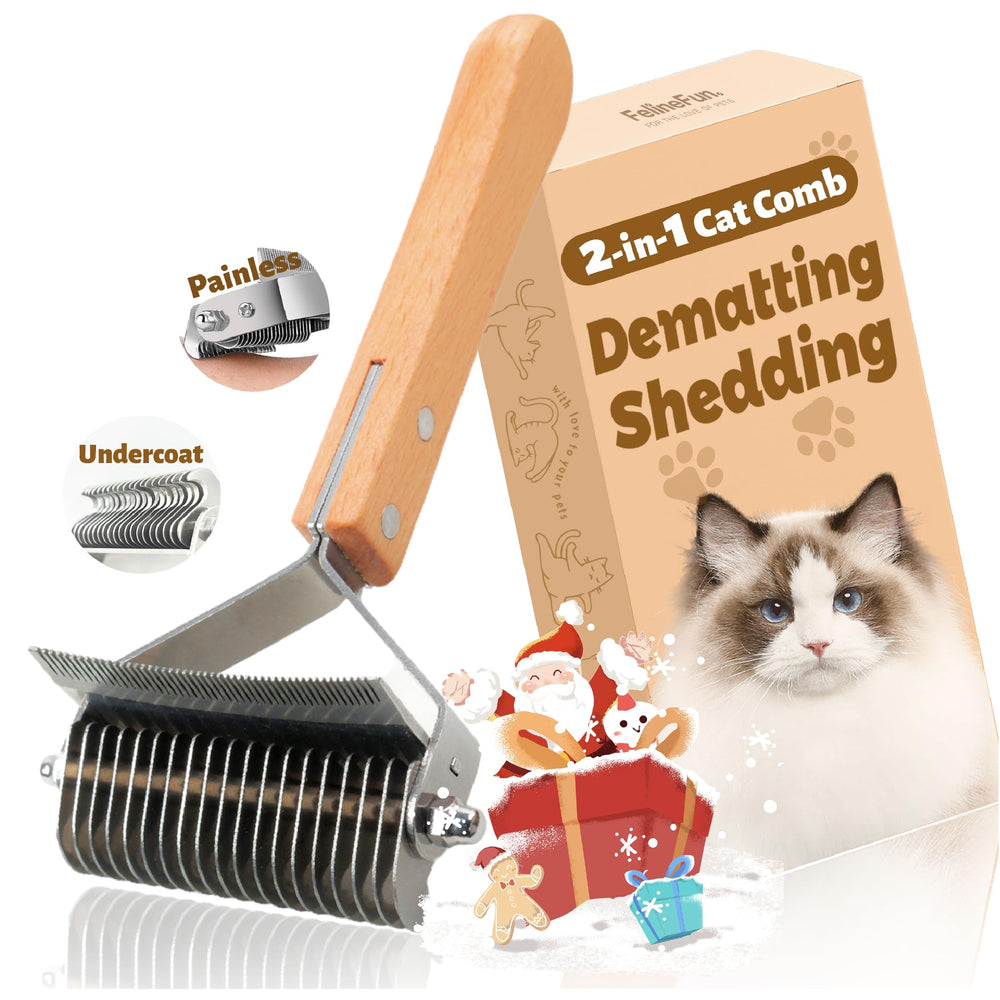 FelineFun cepillo desenredante de doble cara para gatos con pelaje enredado.