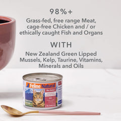 Feline Natural Lata sin granos, bajo en carbohidratos para gatos.