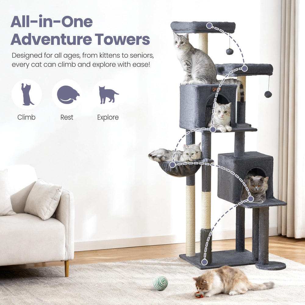 Feliskyn árbol con juguetes colgantes, entretenimiento seguro para varios felinos.