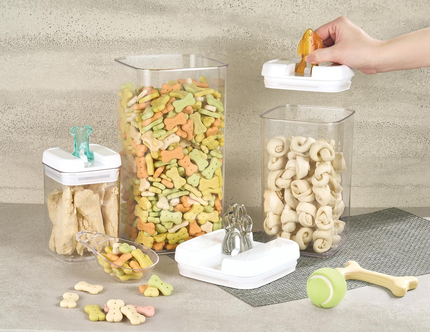 Conjunto de contenedores de 6, 5 y 4 pulgadas para kibble ordenado.