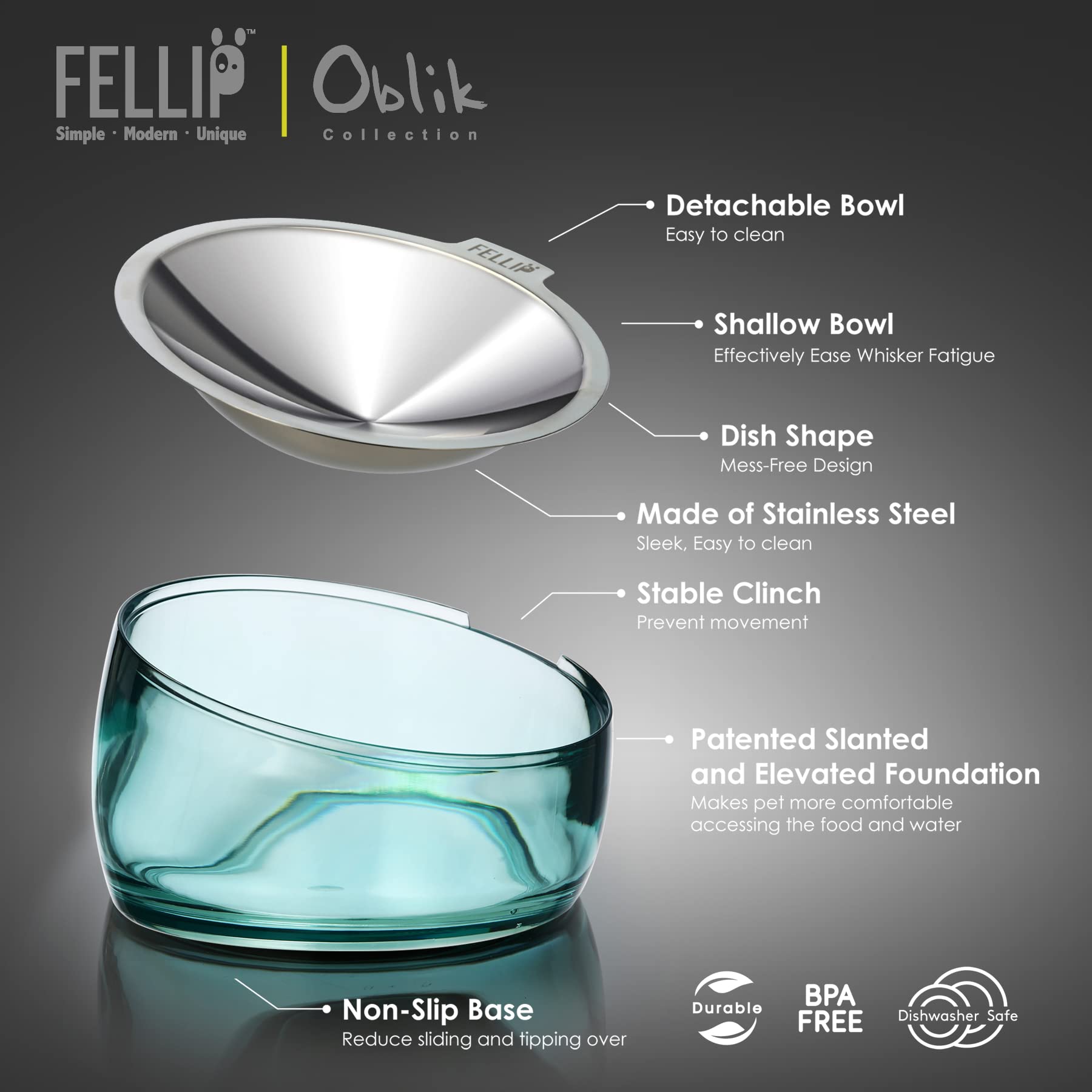 Felli Oblik: plato inoxidable 304 removible facilita limpieza y mayor higiene.