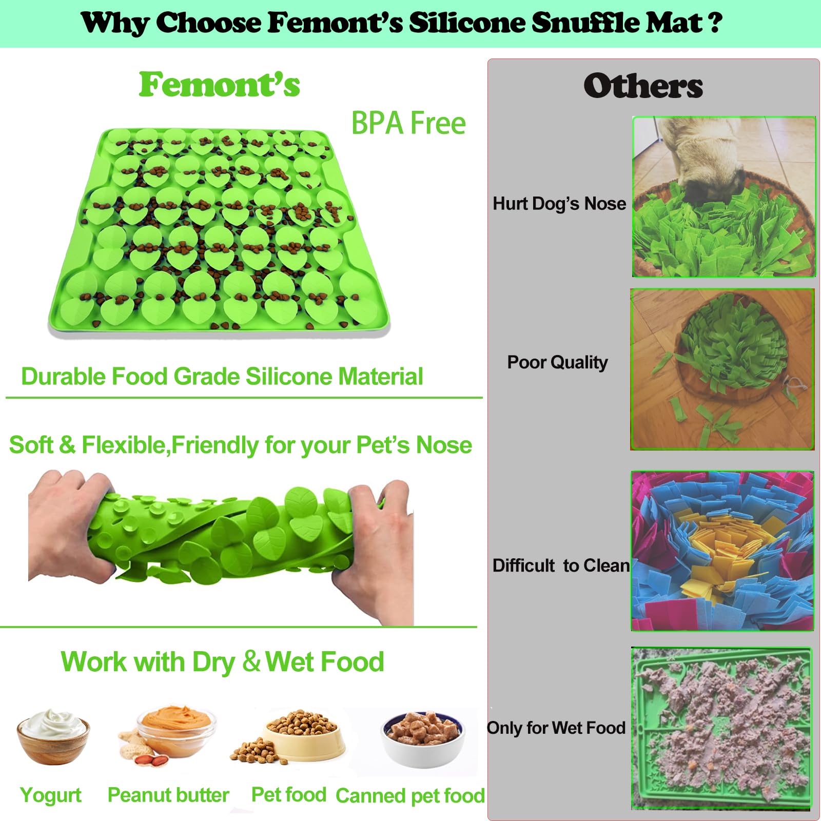 Femont Snuffle Mat de silicona alimentaria, seguro y suave para la nariz del perro.