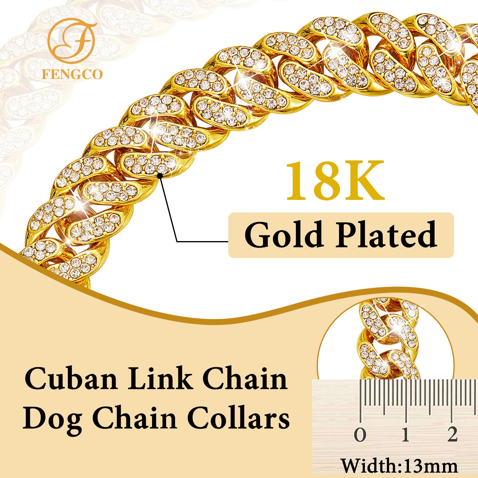 fengco collar dorado 13mm con zirconia, acabado elegante para mascotas