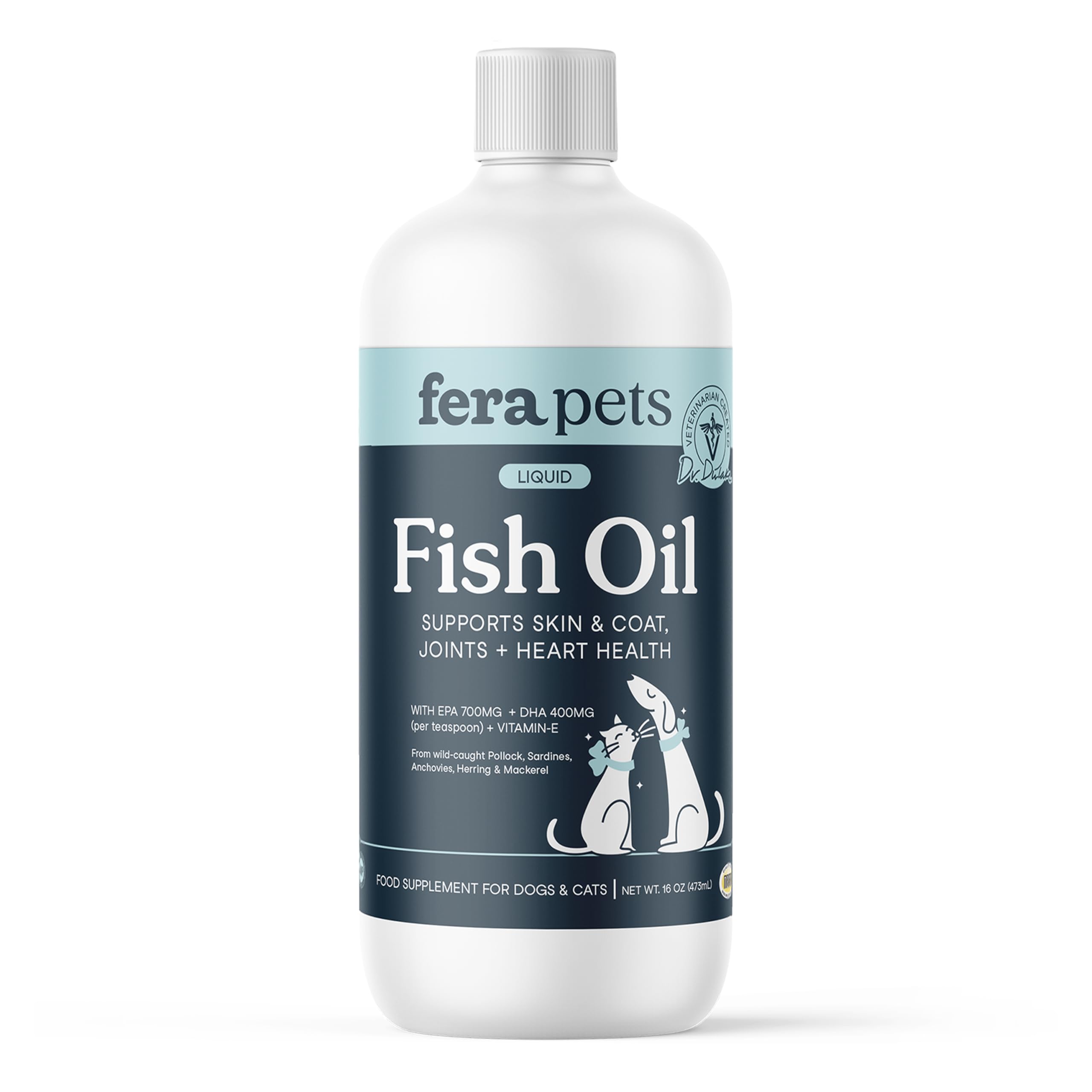 Fera Pets Fish Oil botella, posible apoyo al pelaje y piel.