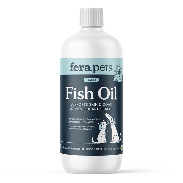 Fera Pets Fish Oil botella, posible apoyo al pelaje y piel.
