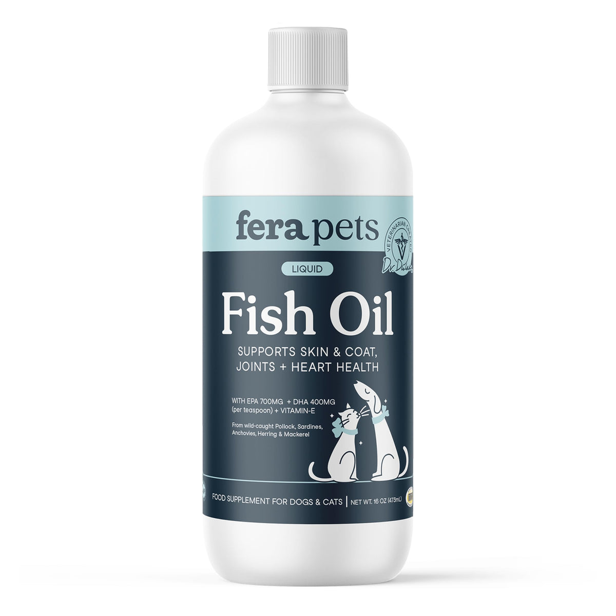 Fera Pets Fish Oil botella, posible apoyo al pelaje y piel.