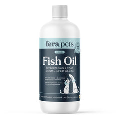 Fera Pets Fish Oil botella, posible apoyo al pelaje y piel.