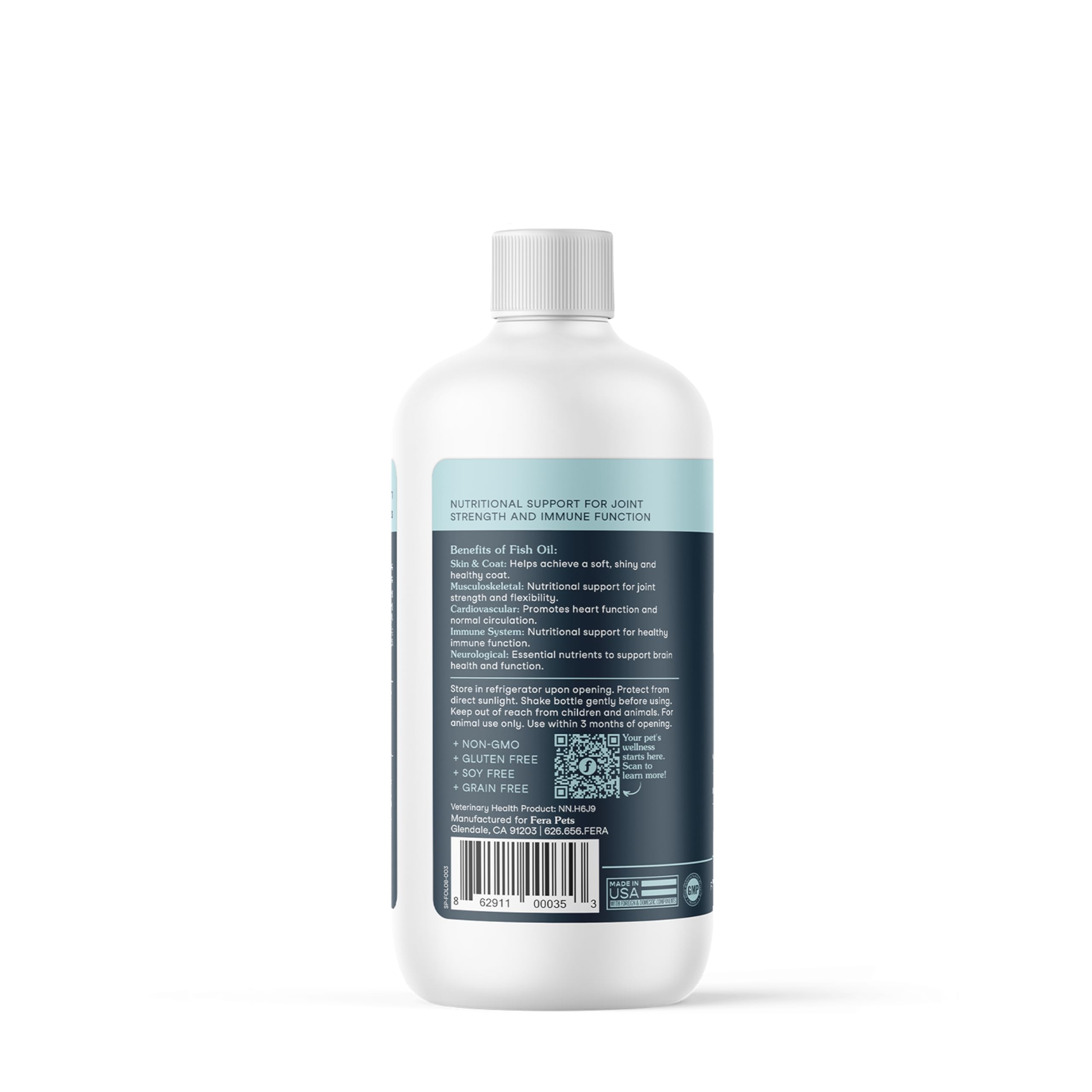 Fera Pets Fish Oil medidor, porciones fáciles por peso.