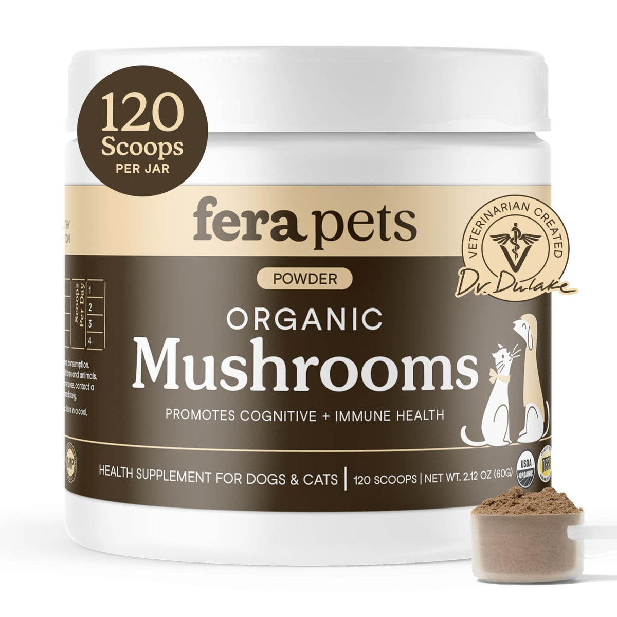Fera Pets packaging en primer plano, destacando producto orgánico para apoyar la salud de mascotas.
