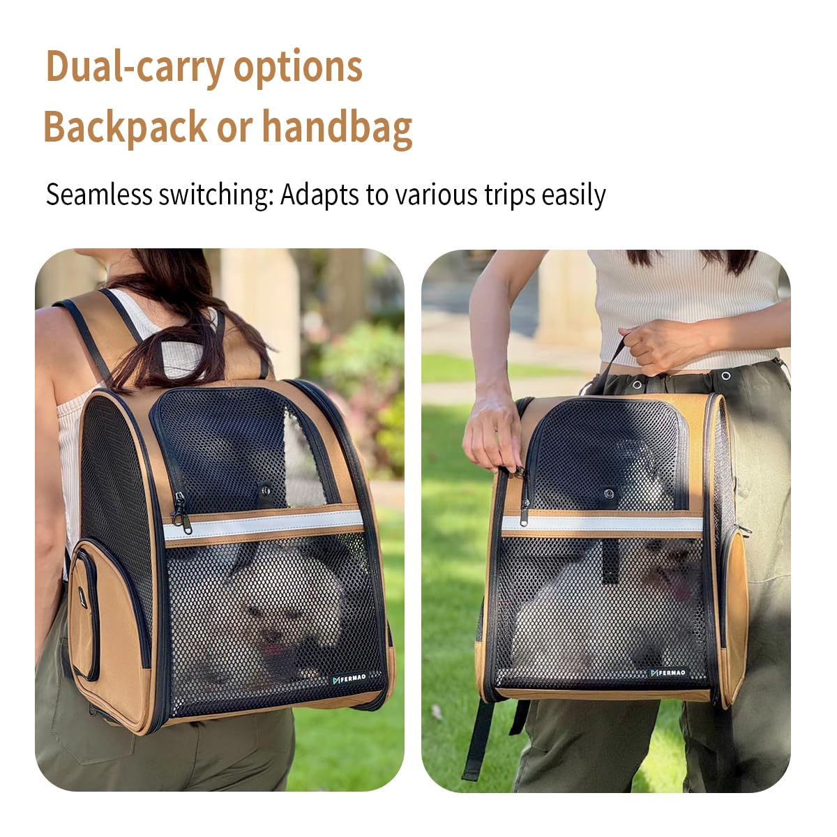 FERMAO Mochila porta-mascota asa reflectante para mayor visibilidad nocturna.