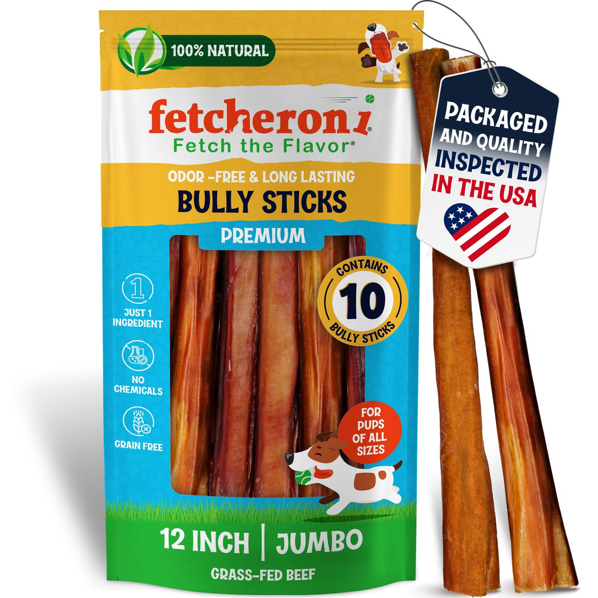 FETCHERONI jumbo bully stick sabor de alta calidad para perros grandes, masticación prolongada.