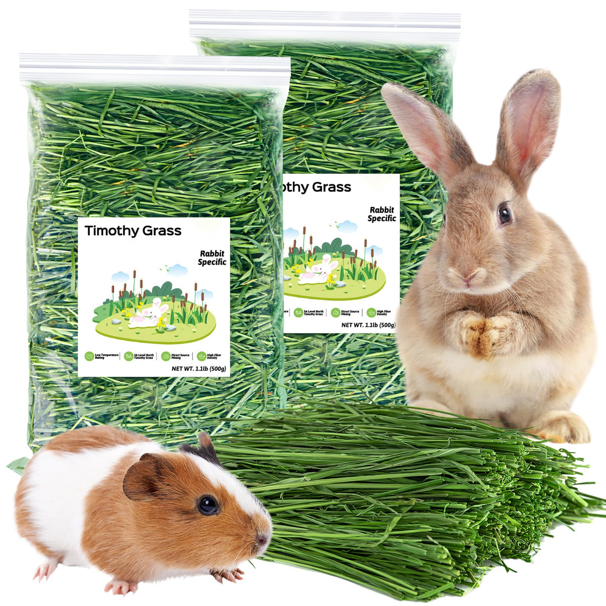 Fhiny Timothy Hay, paquete de 2.2 lb, alimento premium para conejos y roedores.