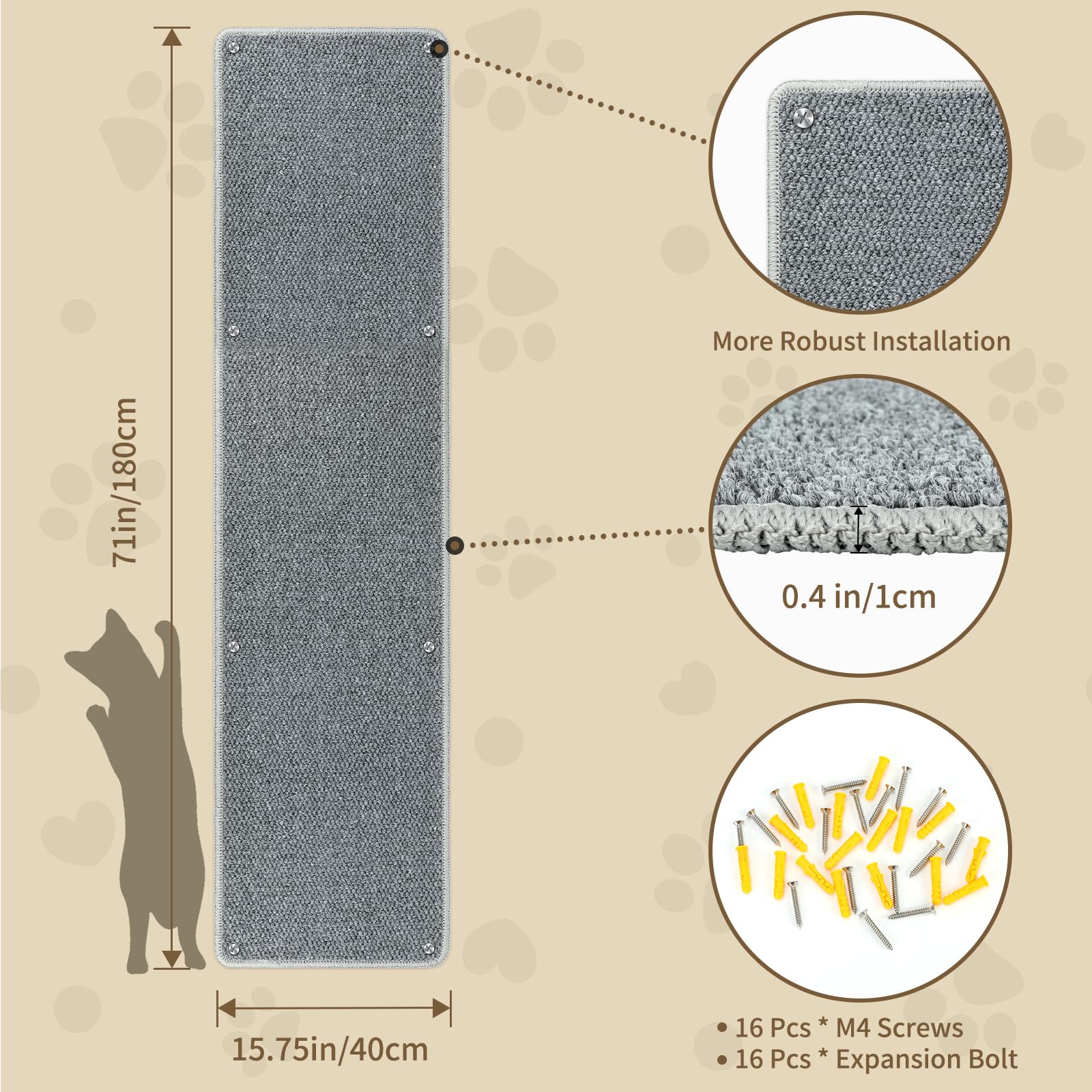 FHTONGE alfombra rascadora de pared para gatos gris duradera y fácil de limpiar