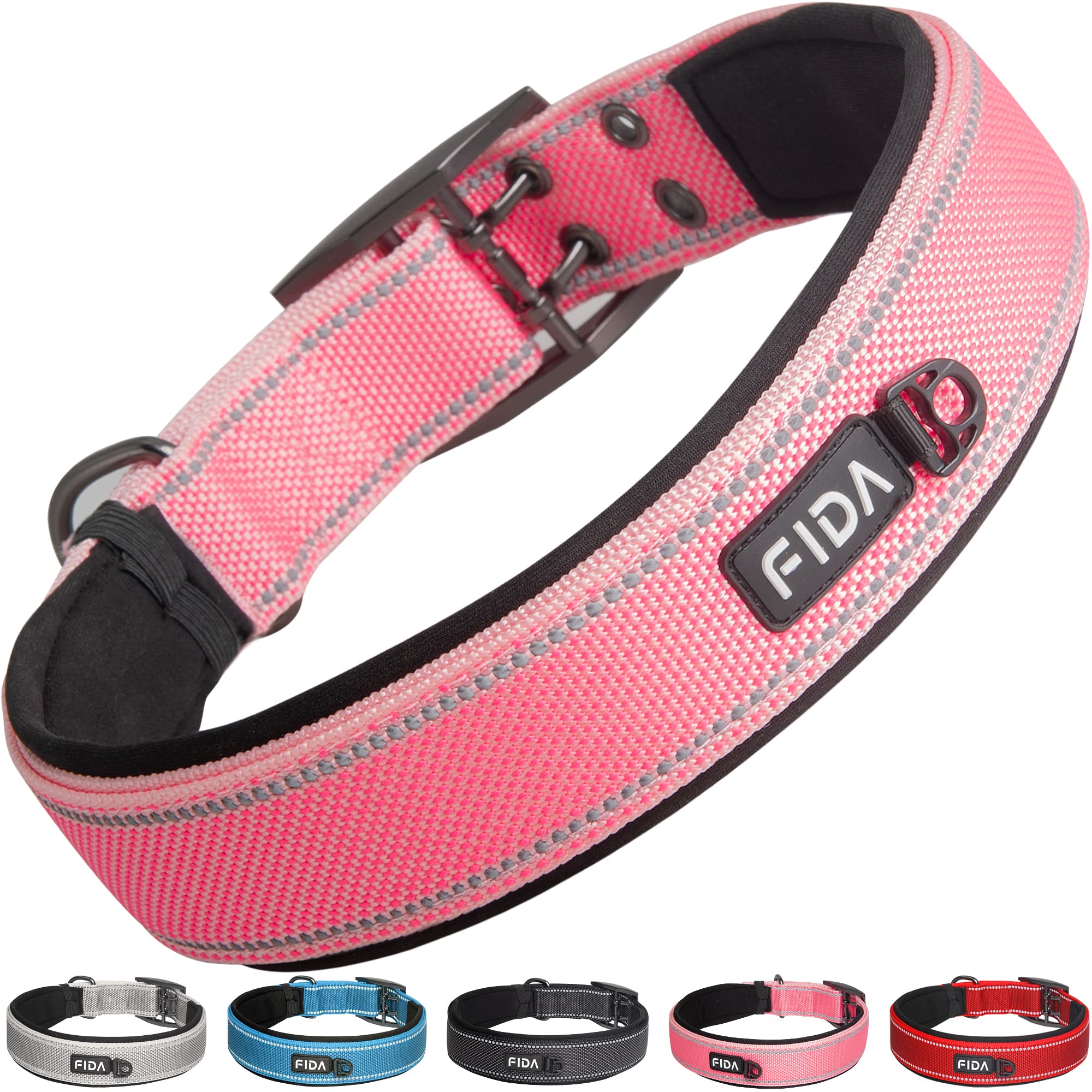 Collar Fida para perro con neopreno acolchado rosado, cómodo en paseos largos.
