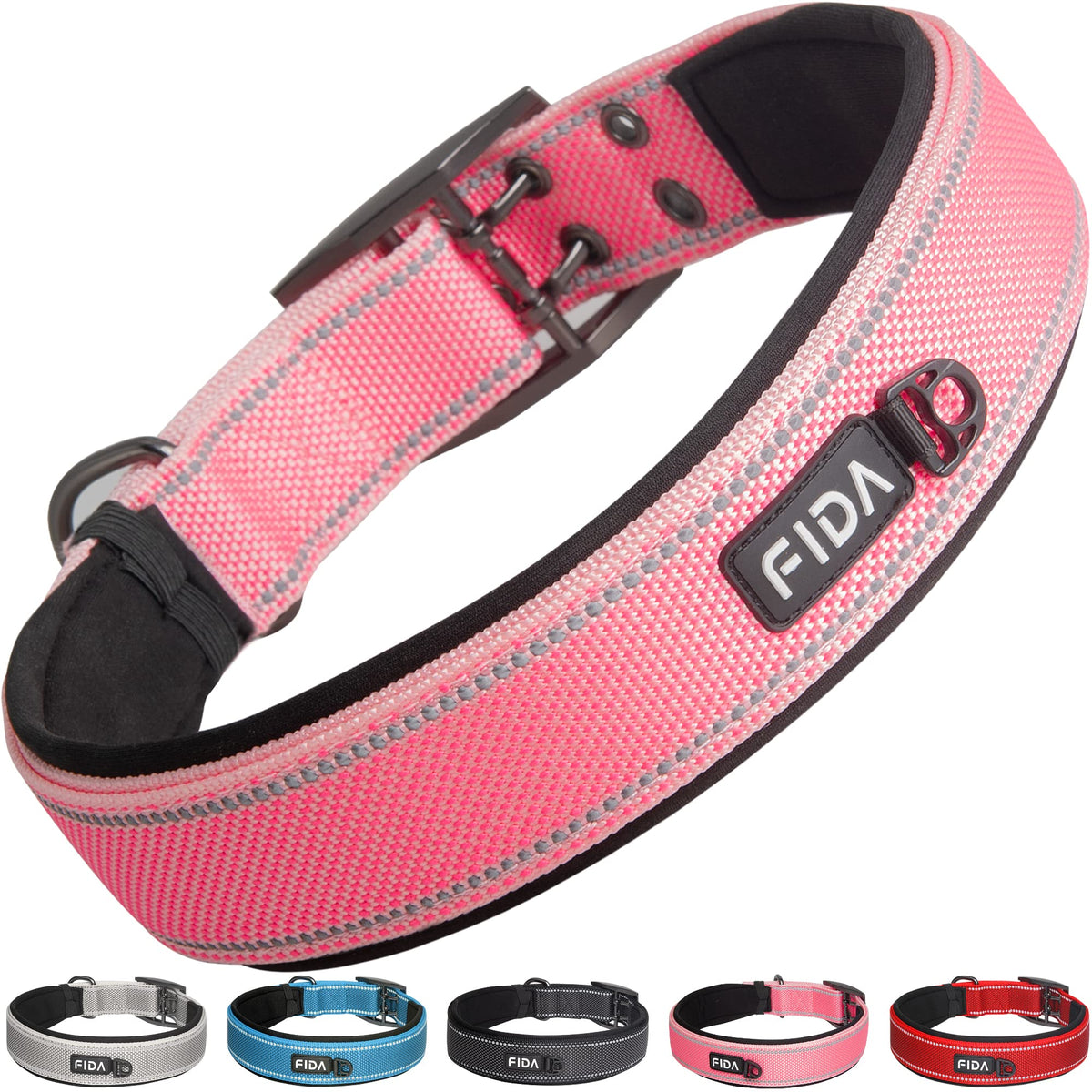 Collar Fida para perro con neopreno acolchado rosado, cómodo en paseos largos.