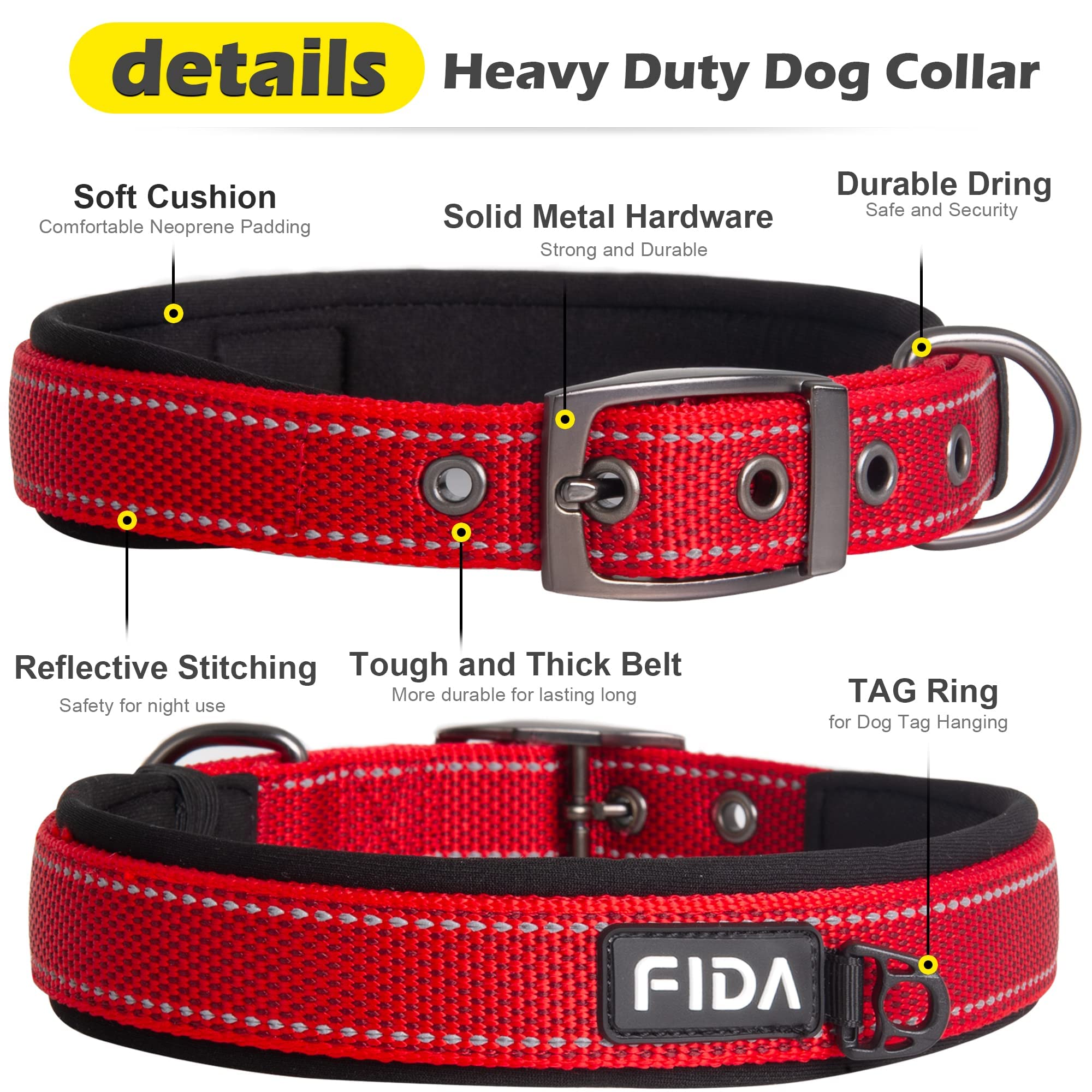 Detalles reflectantes del collar Fida para mejor visibilidad.