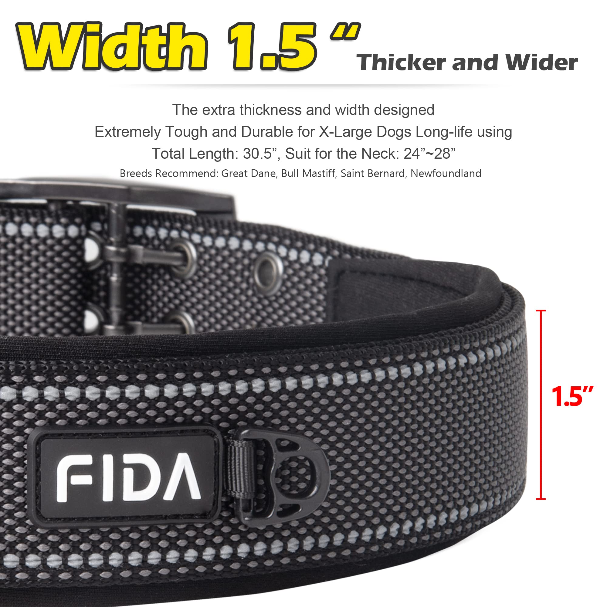 Hebilla de metal doble de Fida para mayor durabilidad en perros grandes.