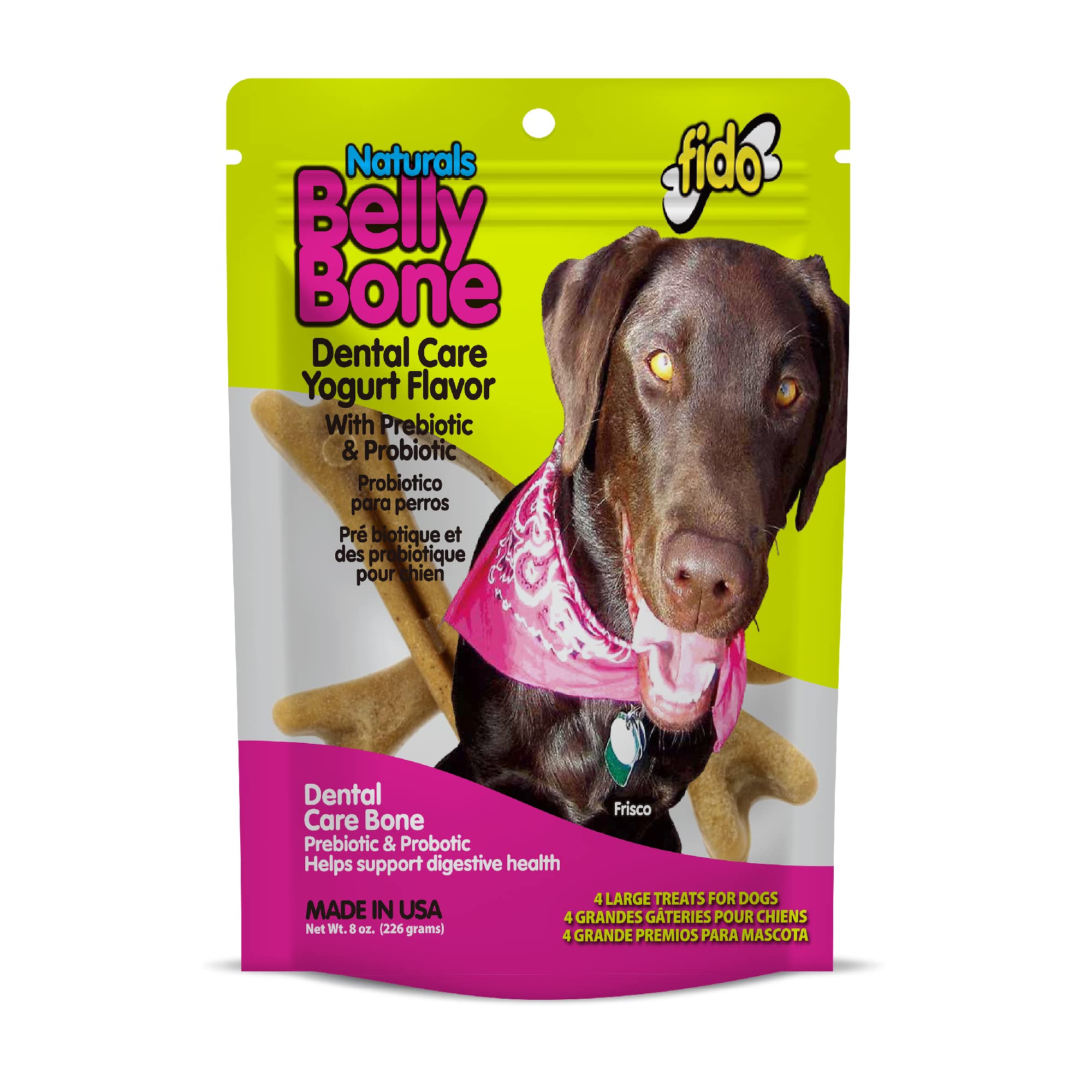 Fido Belly Bones en envase, golosina dental para perros grandes.