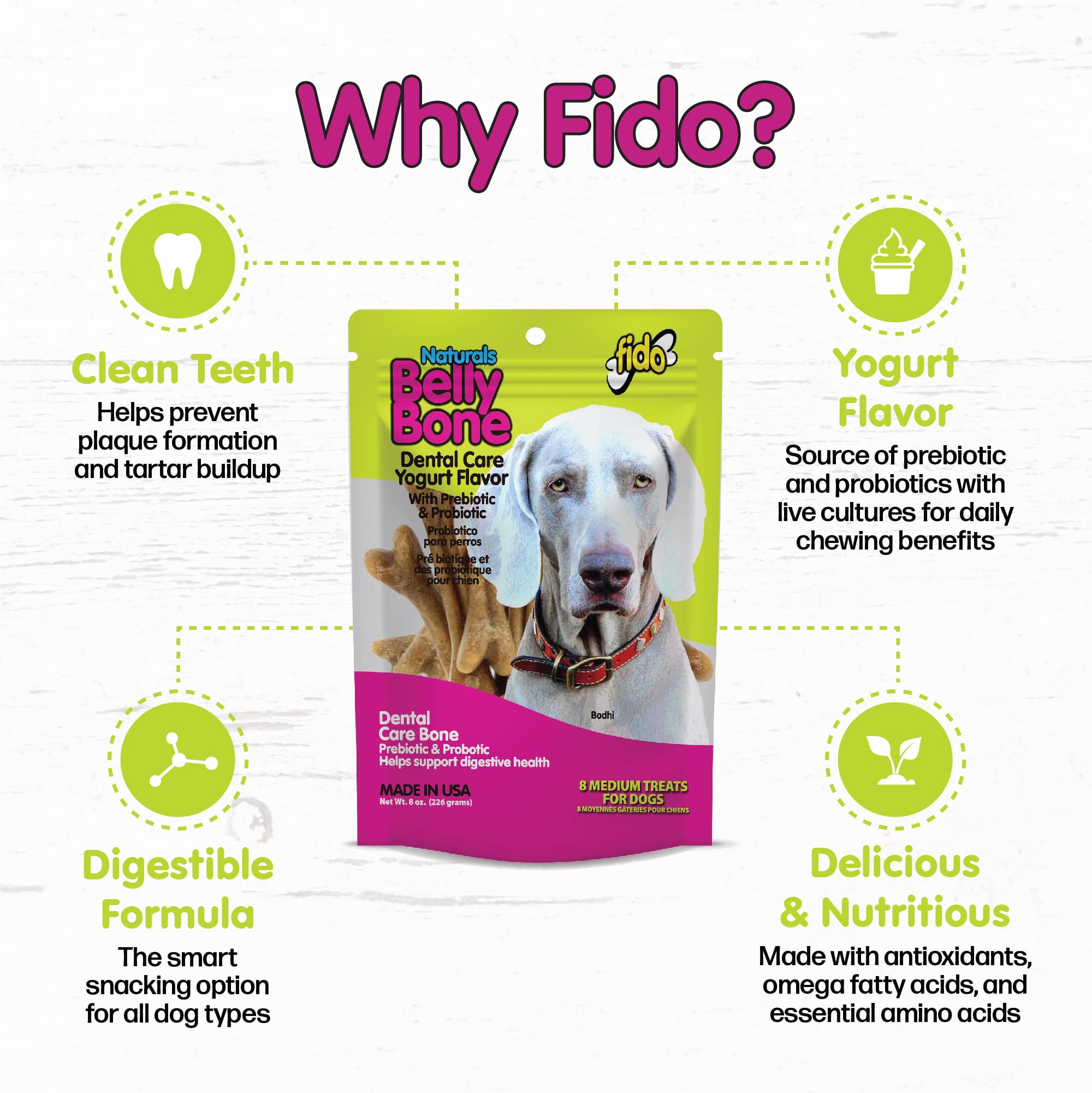Huesos Belly Bones de Fido para perros medianos con sabor yogur.
