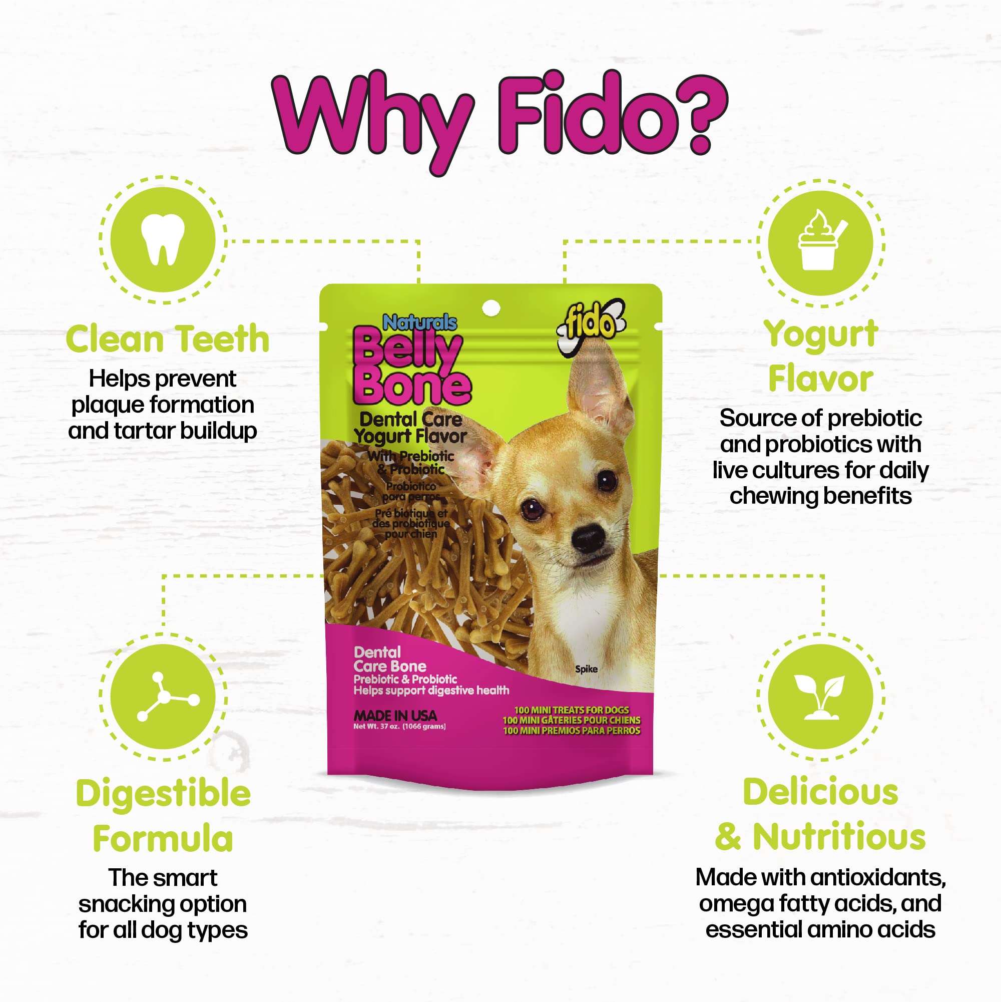 Perro tamaño extra chico 4-18 libras usando huesos mini para cuidado dental