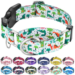 Fidohug collar martingale dinosaurio verde en perro, ideal para paseos seguros y comodidad diaria.