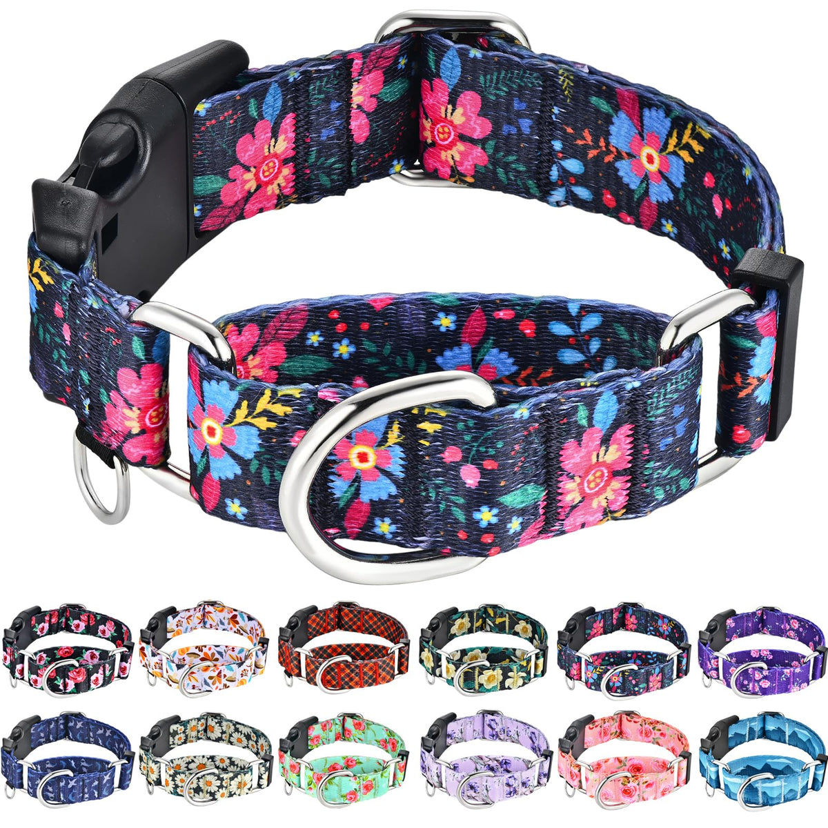 Collar martingale Fidohug con diseño floral azul-rosado; detalle elegante para paseos.