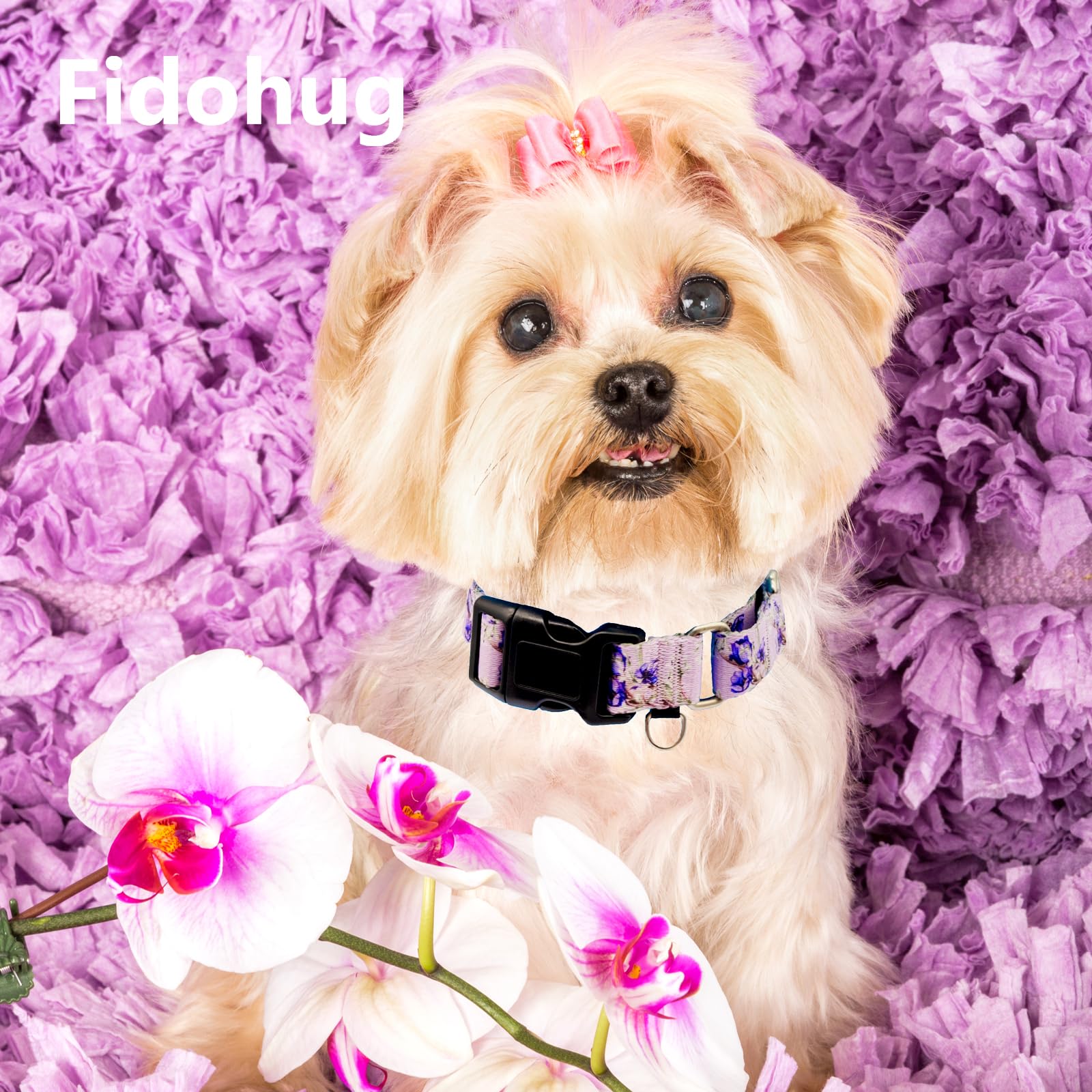 Fidohug collar martingale floral lila, detalle de ajuste para crecimiento.