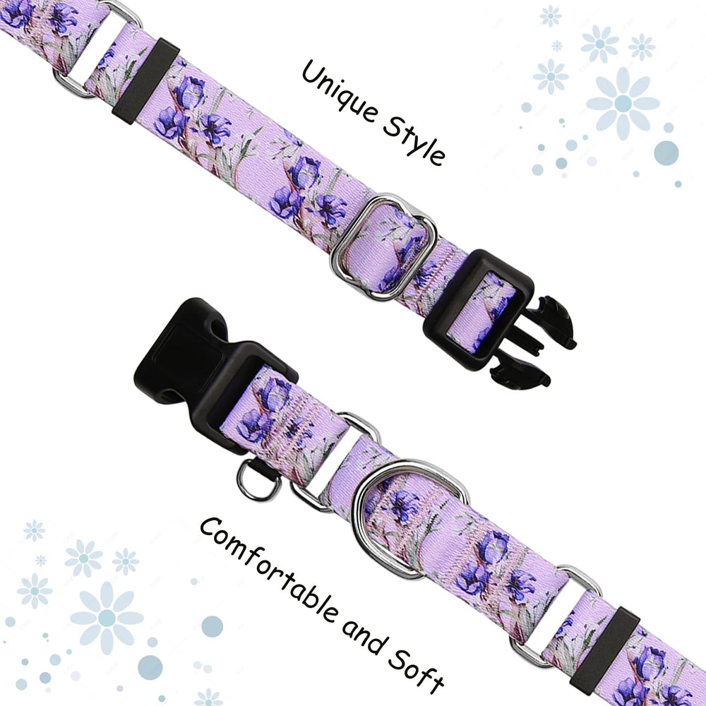 Fidohug collar martingale floral lila, vista lateral, ajuste seguro para perros activos.