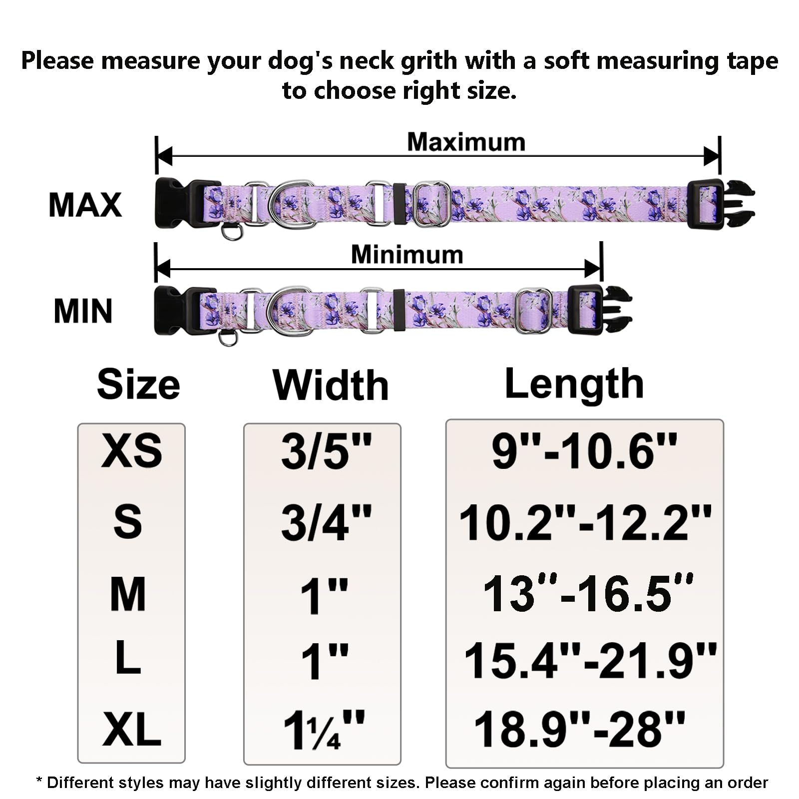 Fidohug collar martingale floral lila, conjunto en uso para perro seguro.